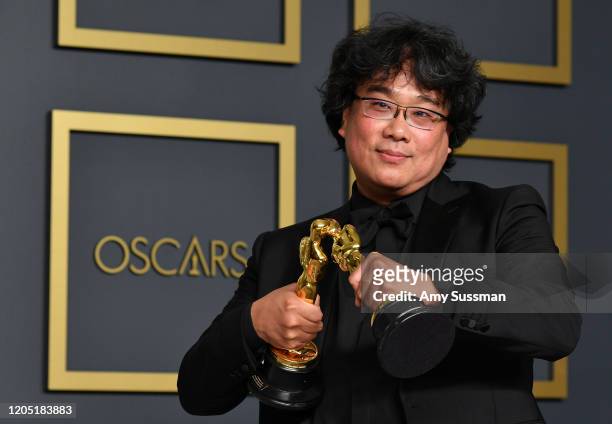 Director Bong Joon-ho, winner of the Original Screenplay, International Feature Film, Directing, and Best Picture awards for “Parasite,” poses in the...
