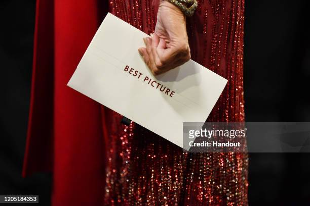In this handout photo provided by A.M.P.A.S. Jane Fonda holds the Best Picture envelope backstage during the 92nd Annual Academy Awards at the Dolby...