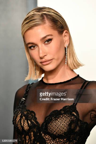 Hailey Bieber attends the 2020 Vanity Fair Oscar Party hosted by Radhika Jones at Wallis Annenberg Center for the Performing Arts on February 09,...
