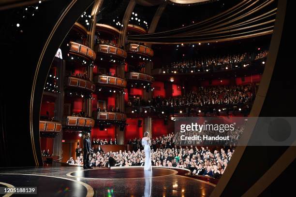 In this handout photo provided by A.M.P.A.S. Renée Zellweger accepts the Best Actress award for "Judy" onstage during the 92nd Annual Academy Awards...