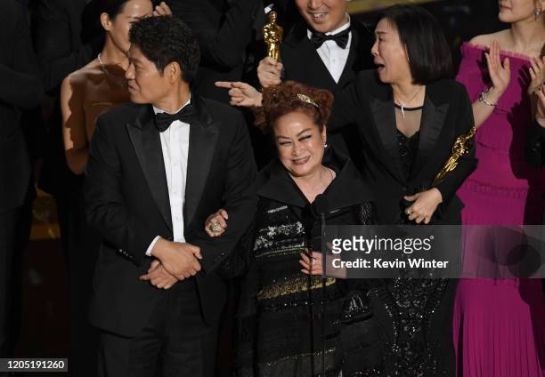 Executive producers Min Heoi Heo and Miky Lee accept the Best Picture award for "Parasite" during the 92nd Annual Academy Awards at Dolby Theatre on...