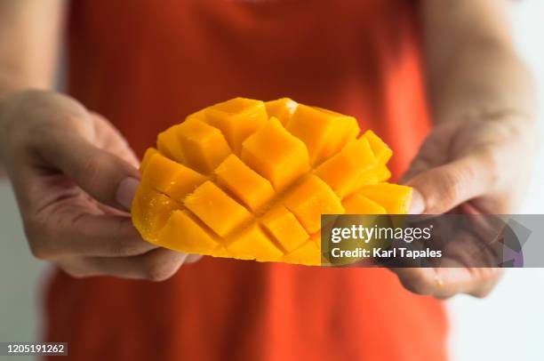 a young woman is holding a freshly sliced ripe mango - mango fruit stock pictures, royalty-free photos & images