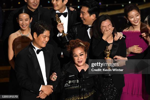 Executive producers Min Heoi Heo and Miky Lee, producer Kwak Sin-ae, and So-dam Park accept the Best Picture award for "Parasite" during the 92nd...