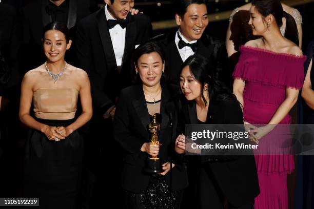 Executive producers Min Heoi Heo and Miky Lee, producer Kwak Sin-ae, and So-dam Park accept the Best Picture award for "Parasite" during the 92nd...