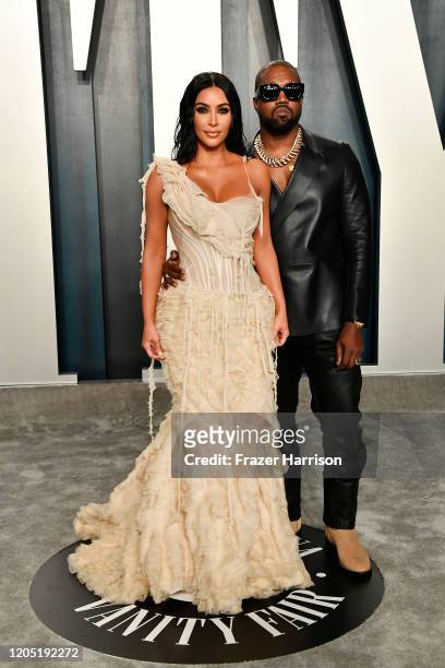 Kim Kardashian and Kanye West attend the 2020 Vanity Fair Oscar Party hosted by Radhika Jones at Wallis Annenberg Center for the Performing Arts on...