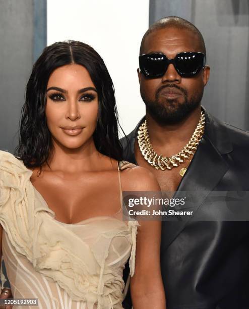 Kim Kardashian and Kanye West attend the 2020 Vanity Fair Oscar Party hosted by Radhika Jones at Wallis Annenberg Center for the Performing Arts on...