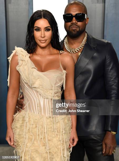 Kim Kardashian and Kanye West attend the 2020 Vanity Fair Oscar Party hosted by Radhika Jones at Wallis Annenberg Center for the Performing Arts on...