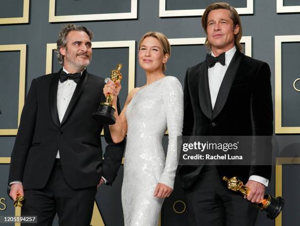 Joaquin Phoenix, winner of the Actor in a Leading Role award for “Joker,” Renée Zellweger, winner of the Actress in a Leading Role award for “Judy,”...