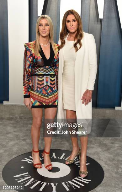 Sophia Hutchins and Caitlyn Jenner attend the 2020 Vanity Fair Oscar Party hosted by Radhika Jones at Wallis Annenberg Center for the Performing Arts...