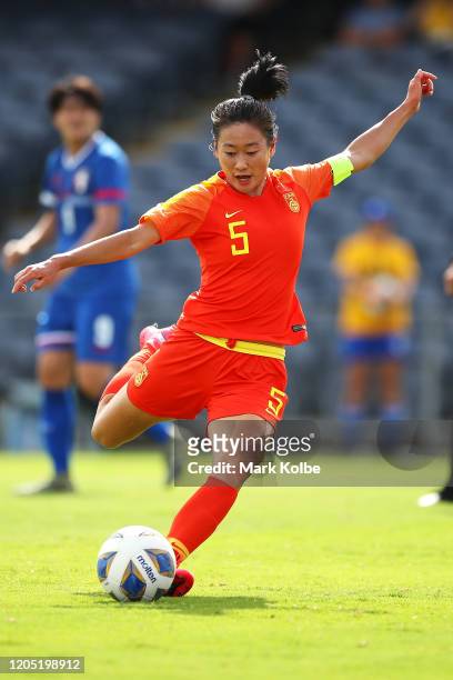 Wu Haiyan of China shoots at goal during the Women's Olympic Football Tournament Qualifier match between Chinese Taipei and China at Campbelltown...