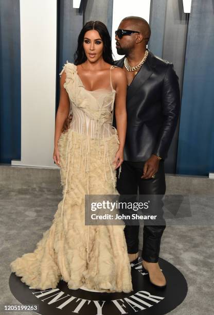 Kim Kardashian and Kanye West attend the 2020 Vanity Fair Oscar Party hosted by Radhika Jones at Wallis Annenberg Center for the Performing Arts on...