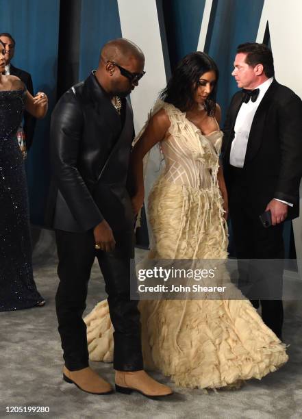 Kanye West and Kim Kardashian attend the 2020 Vanity Fair Oscar Party hosted by Radhika Jones at Wallis Annenberg Center for the Performing Arts on...