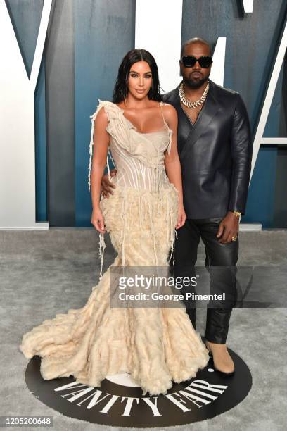 Kim Kardashian and Kanye West attend the 2020 Vanity Fair Oscar party hosted by Radhika Jones at Wallis Annenberg Center for the Performing Arts on...