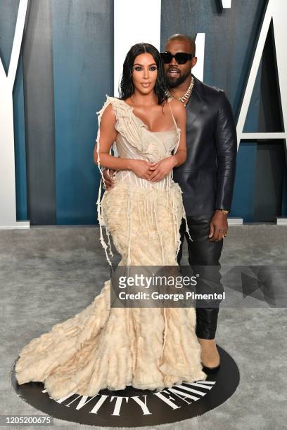Kim Kardashian and Kanye West attend the 2020 Vanity Fair Oscar party hosted by Radhika Jones at Wallis Annenberg Center for the Performing Arts on...