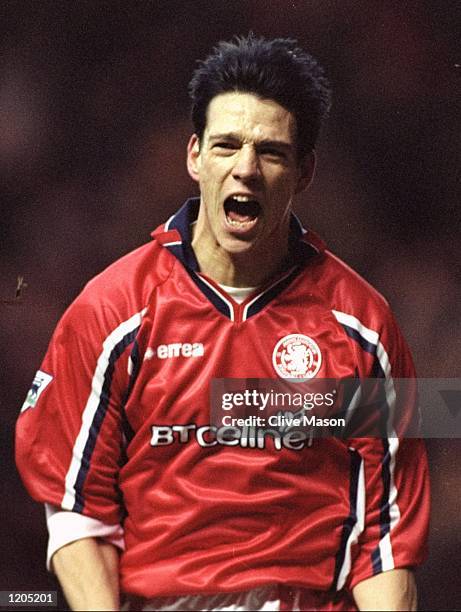 Christian Ziege of Middlesbrough celebrates his goal against Tottenham Hotspur during the FA Carling Premiership match at the Riverside Stadium in...