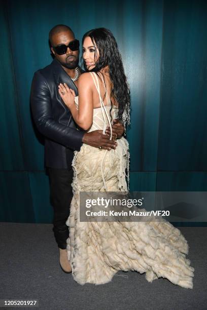 Kanye West and Kim Kardashian West attend the 2020 Vanity Fair Oscar Party hosted by Radhika Jones at Wallis Annenberg Center for the Performing Arts...