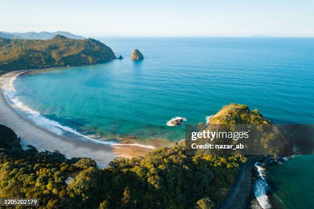 overhead view of new chums beach, coromandel. - new zealand beach stock pictures, royalty-free photos & images