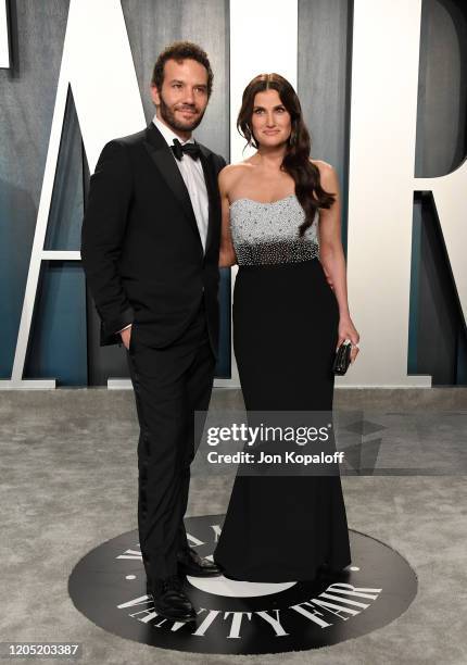 Aaron Lohr and Idina Menzel attend the 2020 Vanity Fair Oscar Party hosted by Radhika Jones at Wallis Annenberg Center for the Performing Arts on...