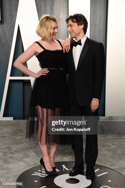 Greta Gerwig and Noah Baumbach attend the 2020 Vanity Fair Oscar Party hosted by Radhika Jones at Wallis Annenberg Center for the Performing Arts on...