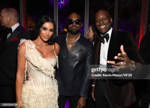 Kim Kardashian West, Kanye West, and Tyrese Gibson attend the 2020 Vanity Fair Oscar Party hosted by Radhika Jones at Wallis Annenberg Center for the...