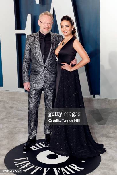 Jared Harris and Allegra Riggio attends the 2020 Vanity Fair Oscar Party at Wallis Annenberg Center for the Performing Arts on February 09, 2020 in...