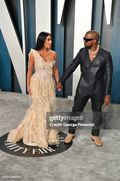 Kim Kardashian and Kanye West attend the 2020 Vanity Fair Oscar party hosted by Radhika Jones at Wallis Annenberg Center for the Performing Arts on...