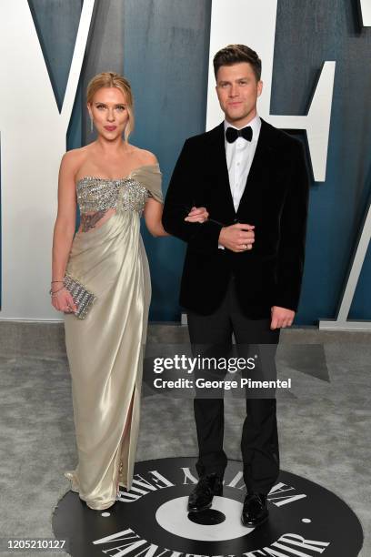 Scarlett Johansson and Colin Jost attend the 2020 Vanity Fair Oscar party hosted by Radhika Jones at Wallis Annenberg Center for the Performing Arts...