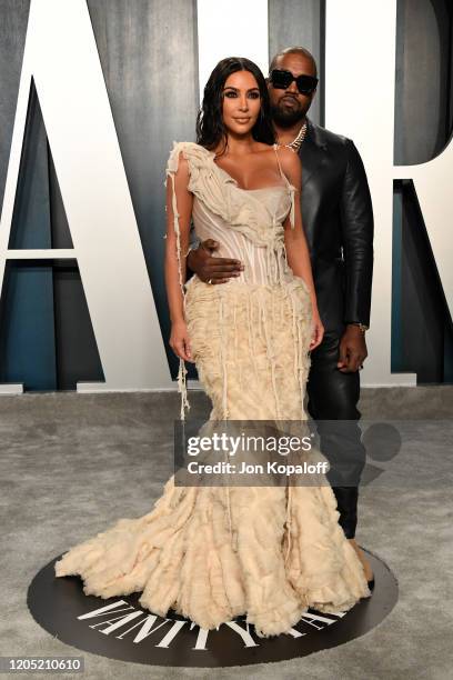 Kim Kardashian West and Kanye West attend the 2020 Vanity Fair Oscar Party hosted by Radhika Jones at Wallis Annenberg Center for the Performing Arts...