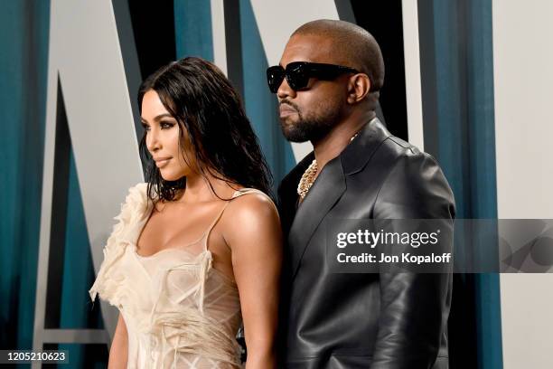 Kim Kardashian West and Kanye West attend the 2020 Vanity Fair Oscar Party hosted by Radhika Jones at Wallis Annenberg Center for the Performing Arts...