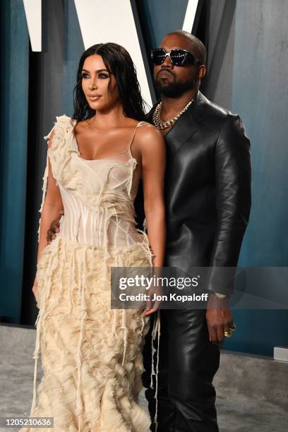 Kim Kardashian West and Kanye West attend the 2020 Vanity Fair Oscar Party hosted by Radhika Jones at Wallis Annenberg Center for the Performing Arts...