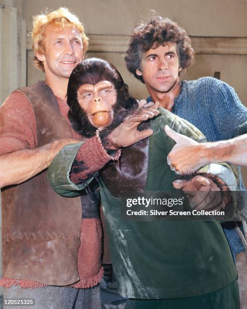 Ron Harper, Roddy McDowall and James Naughton in a publicity still issued for the US television series, 'Planet of the Apes', USA, circa 1974. The...