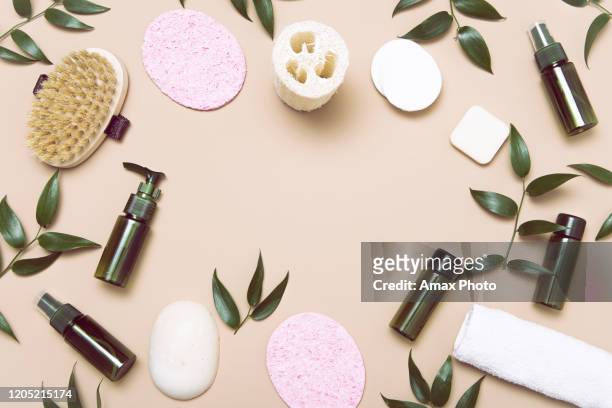 healthy lifestyle organic cosmetics nature background. flat lay. top view - cosmetics cream stock pictures, royalty-free photos & images