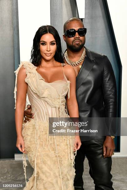 Kim Kardashian and Kanye West attend the 2020 Vanity Fair Oscar Party hosted by Radhika Jones at Wallis Annenberg Center for the Performing Arts on...