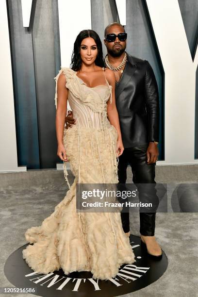 Kim Kardashian and Kanye West attend the 2020 Vanity Fair Oscar Party hosted by Radhika Jones at Wallis Annenberg Center for the Performing Arts on...