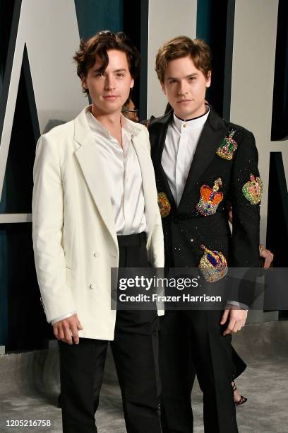 Cole Sprouse and Dylan Sprouse attend the 2020 Vanity Fair Oscar Party hosted by Radhika Jones at Wallis Annenberg Center for the Performing Arts on...