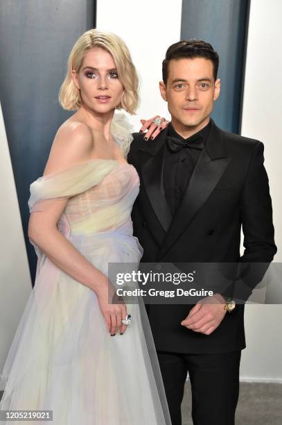 Lucy Boynton and Rami Malek attend the 2020 Vanity Fair Oscar Party hosted by Radhika Jones at Wallis Annenberg Center for the Performing Arts on...