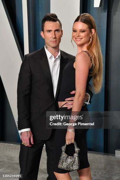 Behati Prinsloo and Adam Levine attend the 2020 Vanity Fair Oscar party hosted by Radhika Jones at Wallis Annenberg Center for the Performing Arts on...