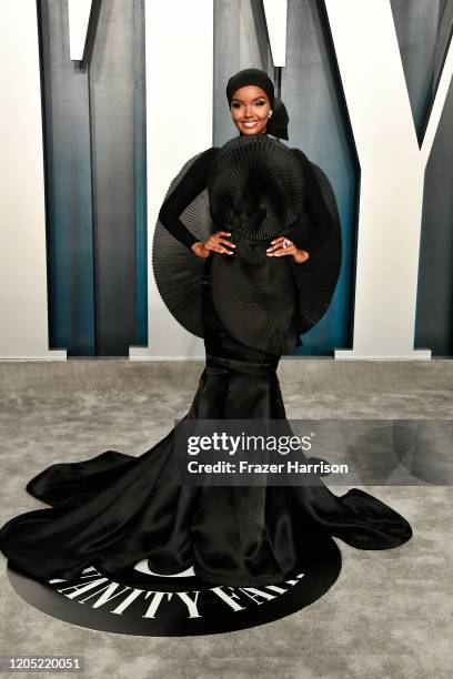 Halima Aden attends the 2020 Vanity Fair Oscar Party hosted by Radhika Jones at Wallis Annenberg Center for the Performing Arts on February 09, 2020...