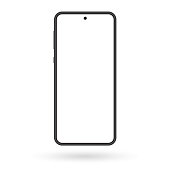 Smartphone mockup. Mobile phone screen blank. Black cellphone isolated on white background. Vector illustration.