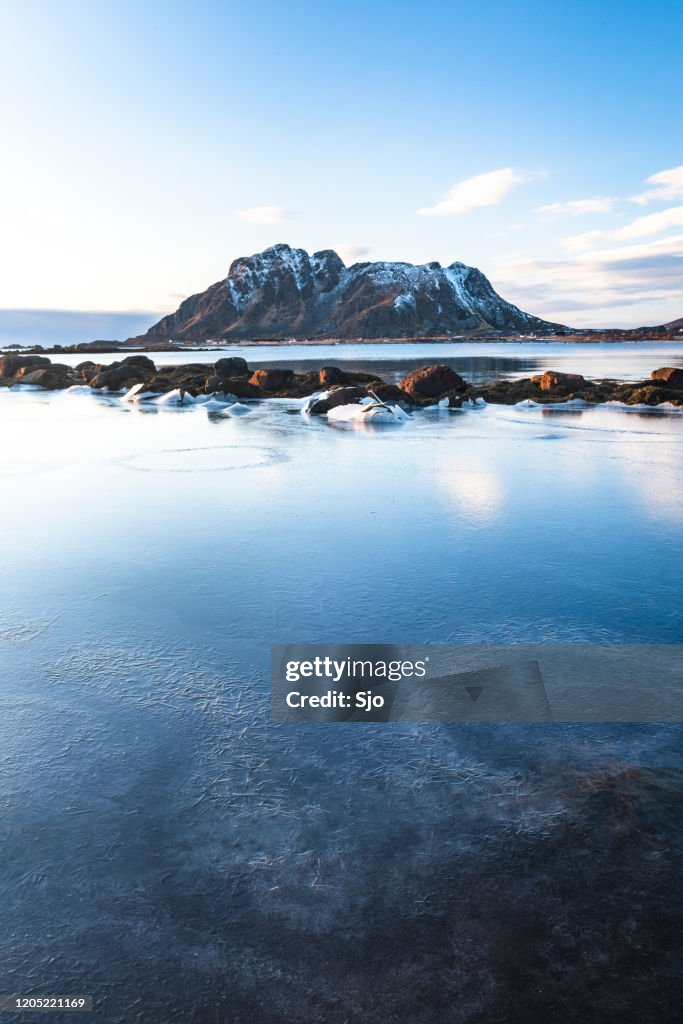 Icy winter landscape in the Vesteralen archipelago in Northern Norway