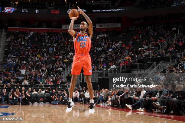 Terrance Ferguson of the Oklahoma City Thunder shoots the ball against the Detroit Pistons on March 04, 2020 at Little Caesars Arena in Detroit,...