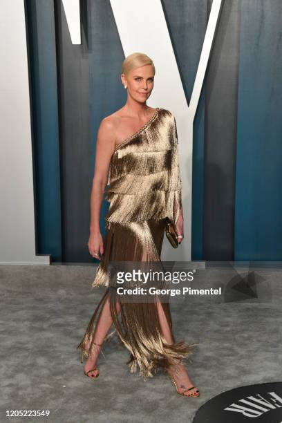 Charlize Theron attends the 2020 Vanity Fair Oscar party hosted by Radhika Jones at Wallis Annenberg Center for the Performing Arts on February 09,...