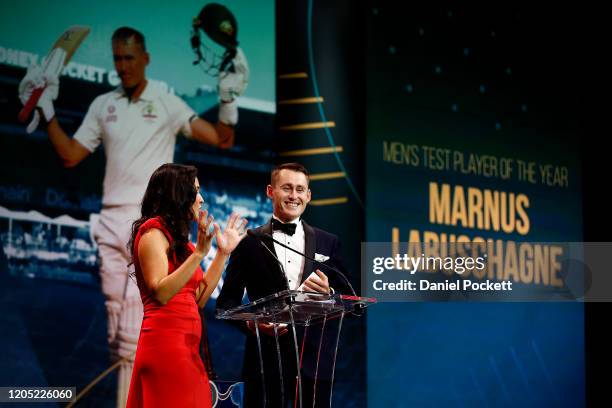 Marnus Labuschagne speaks on stage after accepting the Men's Test Player of the Year award during the 2020 Cricket Australia Awards at Crown...