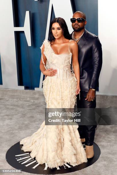 Kim Kardashian West and Kanye West attend the 2020 Vanity Fair Oscar Party at Wallis Annenberg Center for the Performing Arts on February 09, 2020 in...