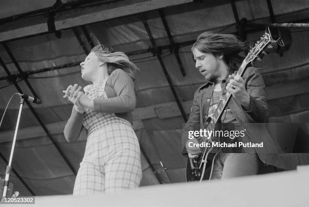 Singer Maggie Bell and guitarist Les Harvey of Scottish blues band Stone the Crows perform at the Weeley Festival in Clacton-on-Sea, Essex, 27th...
