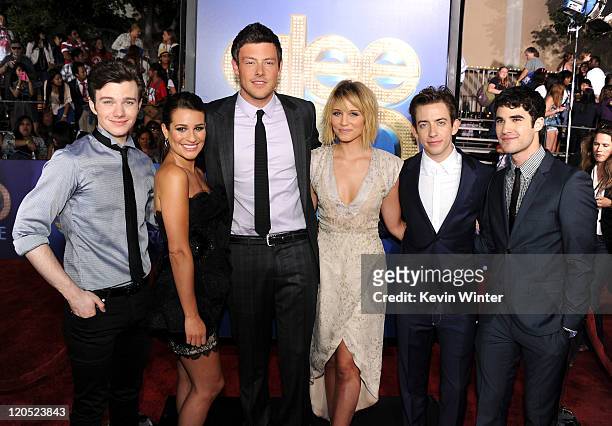 Actors Chris Colfer, Lea Michele, Cory Monteith, Kevin McHale, and Darren Criss arrive at the premiere of Twentieth Century Fox's "Glee The 3D...