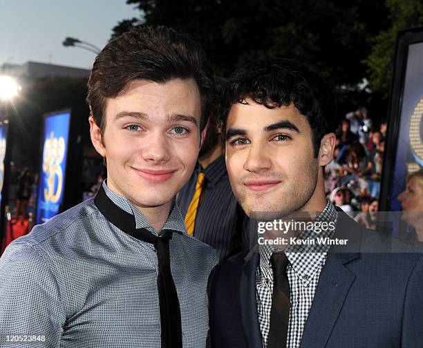 Actors Chris Colfer and Darren Criss arrive at the premiere of Twentieth Century Fox's "Glee The 3D Concert Movie" held at the Regency Village...