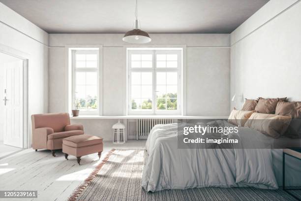 scandinavisch slaapkamer interieur - bright bedroom stockfoto's en -beelden