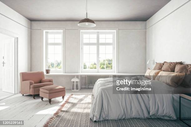scandinavian bedroom interior - scandinavian culture stock pictures, royalty-free photos & images