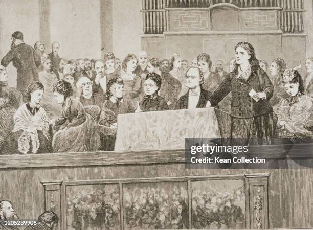 Black and white print illustrating English suffragists Lydia Becker, Dame Millicent Garrett Fawcett, Emilia Dilke, Ernestine Rose, and Rhoda Garrett,...